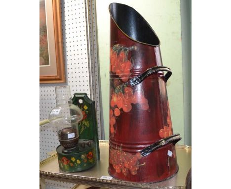 A barge ware hanging oil lamp with a painted coal scuttle
