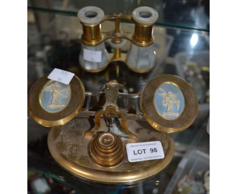 An interesting set of small scales and weights with a pair of opera glassesCondition: Frame loose on base, not full set of we