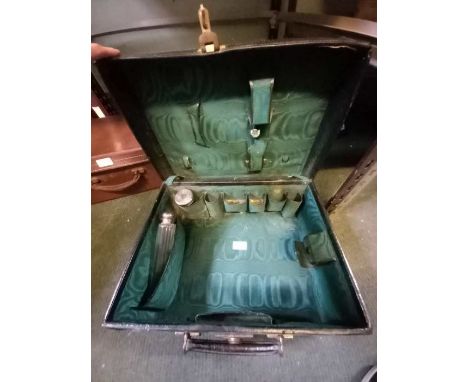 Mappin &amp; Webb gents travelling vanity case with three silver mounted glass pots