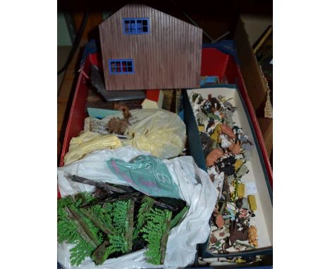 A box of vintage farmyard toys and models