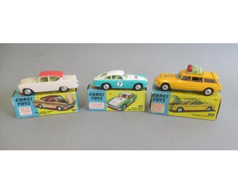 Corgi 234 Ford Consul, boxed E, 309 Aston Martin, boxed E and 436 Citroen Safari, box AF, G-E