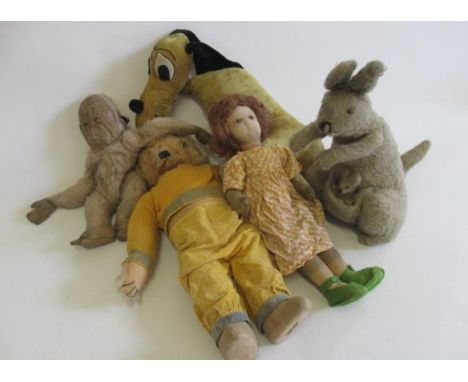 Five vintage soft toys, comprising a 20" Merrythought bear with original clothing, a Merrythought monkey with original hat, a