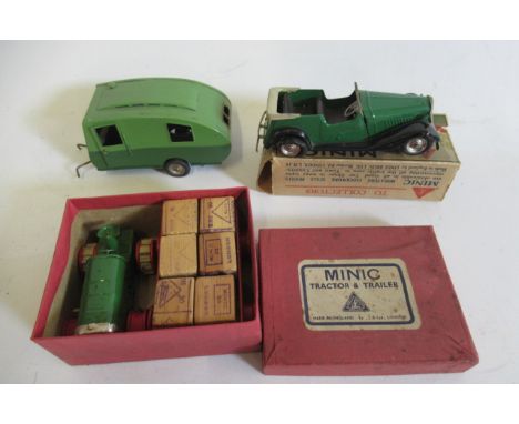 Minic clockwork tractor and trailer, caravan and open sports saloon, rubber track and tyres fatigued, tractor box G, saloon b