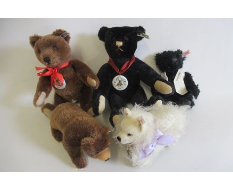 Five Steiff Club Bears, including a 2001 brown bear, 2003 Peter Jones bear, a Shitzu and a bi-colour 1999-2000 bearGood overa