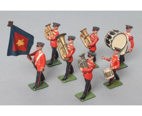 Britains Salvation Army band with six musicians and flag bearer finished in red uniforms, G (7)