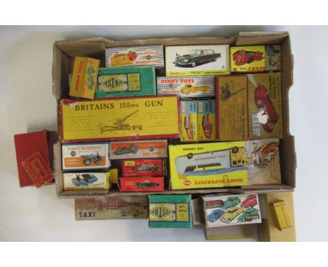 Approximately twenty five empty toy boxes from Dinky, Corgi, Triang and others, some items have damage, parts, F-G