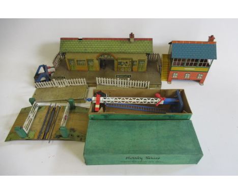 Hornby Margate Station, some rusting lamps and chimney missing, signal cabin with light, No 1 electric level crossing and box