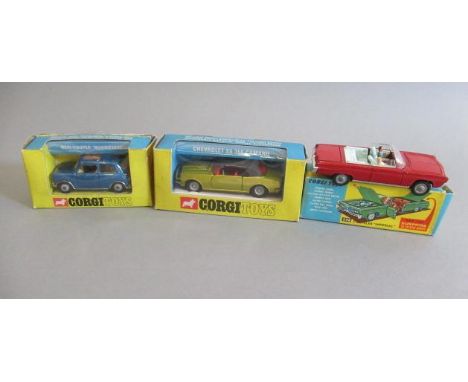 Corgi 246 Chrysler Imperial, boxed F-G, 334 Mini-Cooper, box AF, G-E and 338 Chevrolet SS Camaro, boxed E