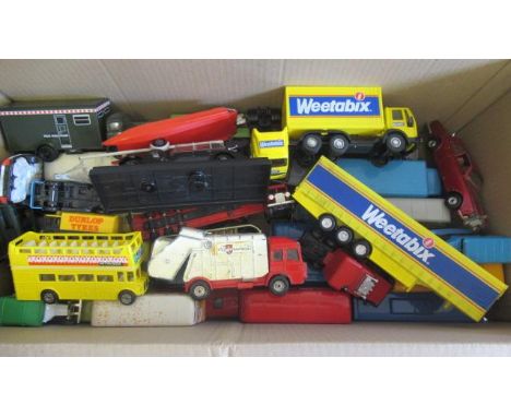 Unboxed vehicles by Lledo, Matchbox and Corgi including Weetabix lorry, OXO bus and refuse truck, F-G