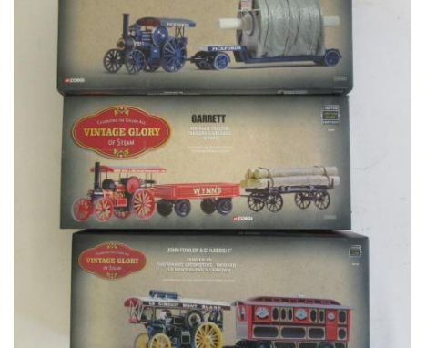 Three Corgi Old Glory Models comprising Garrett with two trailers, Fowler B6 with caravan and Fowler B6 with cylinder load, a