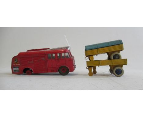 Two Dinky mechanical horse trailers and a Fire Engine trailers, F with some signs of fatigue