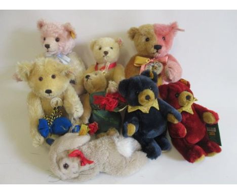 Six Steiff collector's teddy bears, including a three colour Classic, two jesters and a Good Luck Euro bearGood overall condi