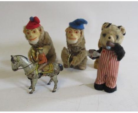 Nomura Japan clockwork drinking bear, two monkeys with cymbals, clockwork walking bear and a German made walking horse, F, un