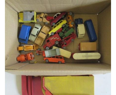 Unboxed Matchbox vehicles and a plastic Matchbox garage including tram, fire engine, cars and vans, F-G
