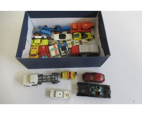 Unboxed model vehicles by Corgi, Matchbox and others including Batmobile, Cement Mixer, Ferrari LM250 and Ford Mustang, F