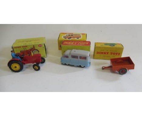 Dinky 300 Massey Harris tractor, 341 Land Rover trailer, 295 Atlas bus, all items boxed, F-G, boxes F-P, and an Atlas 482 Bed