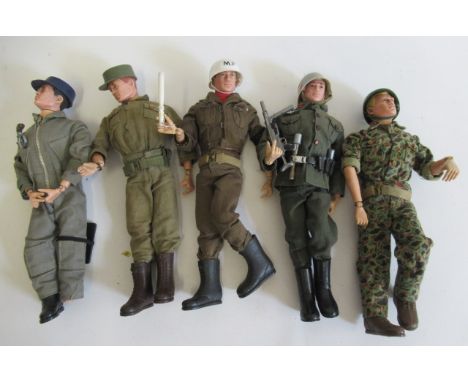 Five early issue Action Man dolls in army dress, one doll has broken foot, all have some play ware, F