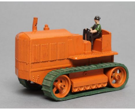 Moko Lesney mechanical tractor finished in orange with green tracks, model E, rubber track in good order without fatigue toge