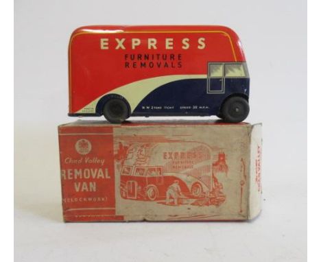 Chad Valley clockwork tinplate removal van Express Furniture Removals in red/blue, box F, model G-E