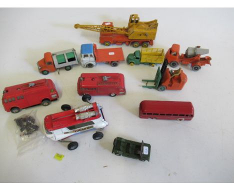 Unboxed Dinky commercial vehicles including Coles crane truck, Luna bug and fire engine, some items have parts missing, some 