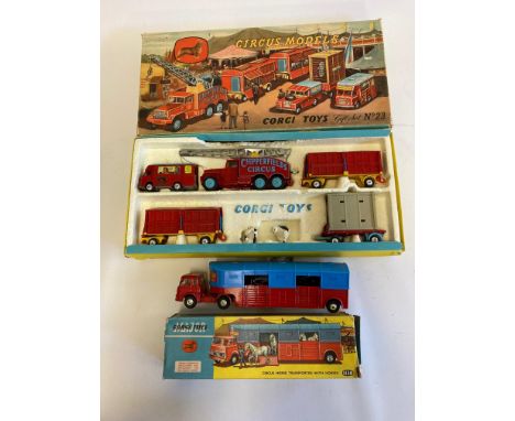 Corgi Gift Set No 23 Circus Models, Land Rover missing, box G-F, models F, and 1130 Circus Transporter with Horses, box AF, m