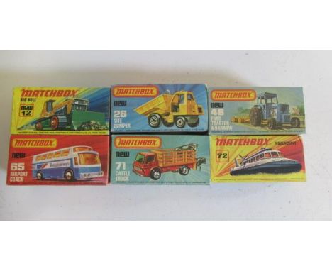 Matchbox Superfast 12 Big Bull, 26 Sire Dumper, 46 Ford Tractor, 65 Airport Bus, 71 Cattle Truck and 72 Hovercraft, boxed M
