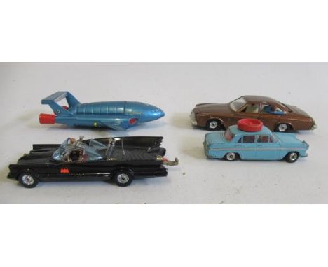 Corgi Batmobile Version 8 with figure, F-G, a Kojack Buick Regal and Austin A60 Learner driver car, F-P and a Dinky Thunderbi