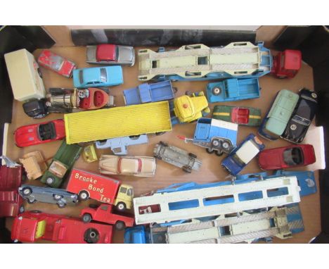 Playworn vehicles by Corgi including car transporters, wagons, vans and cars, some overpainting, F-P