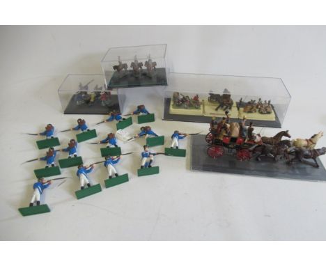 Approximately 1:48 scale stage coach, 1:72 scale figures, and a bulb box of Napoleonic soldiers, F-G