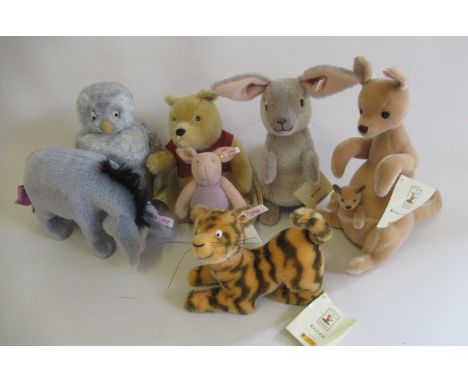 Seven Steiff Winnie the Pooh characters, comprising Owl, Kanga & Roo, Rabbit, Tigger, Eeyore, Piglet and PoohGenerally good, 