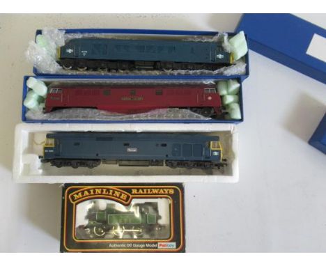 Three B.R. Diesel locomotives comprising Lima Class 47-576 (damaged paintwork), Lima Western Invader, Class 50-020 and Mainli