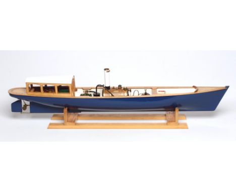 A radio controlled steam launch fitted with non-reversing twin cylinder steam engine and gas boiler, G.R.P. hull and wooden d