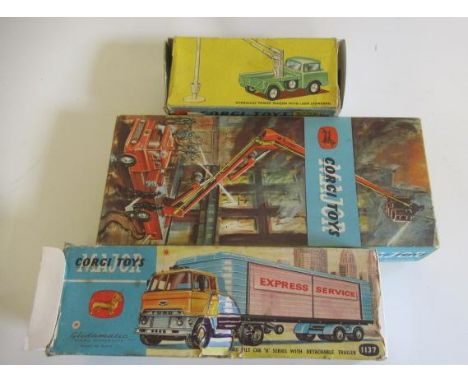 Corgi G14 Tower Wagon, 1127 Simon Snorkel Fire Engine and 1137 Express Delivery Service Wagon, boxes poor, vehicles F-G