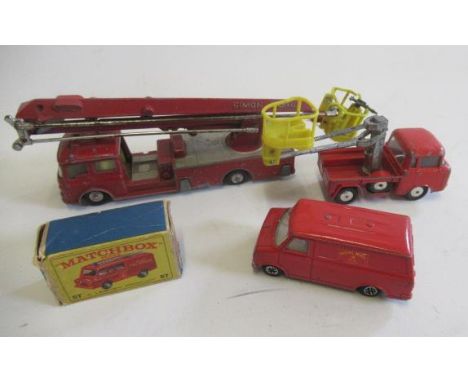 Unboxed diecast vehicles including Simon Snorkel fire engine and Matchbox 57 fire engine, F