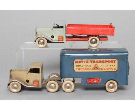 Minic Transport Pantechnicon and Minic tipping truck, minor paint chips, some flaking of truck paintwork (light damage), G