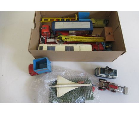 Unboxed playworn Corgi vehicles including Le-France fire engine, circus transport trucks, Ferguson tractor and T.V. camera va