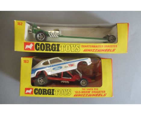 Corgi 162 Quartermaster Dragster in green, 163 Glo-Worm Dragster, both items boxed, G-E