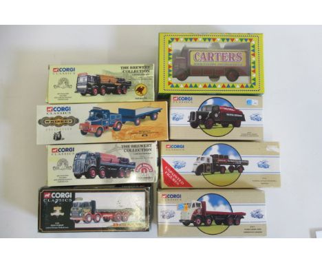 Eight Corgi Classics lorries including A.E.C. Chain Lorry, Petrol Tanker and Scammell with Trailer, all items boxed, E (8)