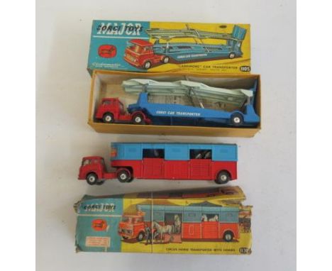 Corgi 1105 Carrimore car transporter, 256 and 1130 Circus horse transporter, boxes AF, vehicles G