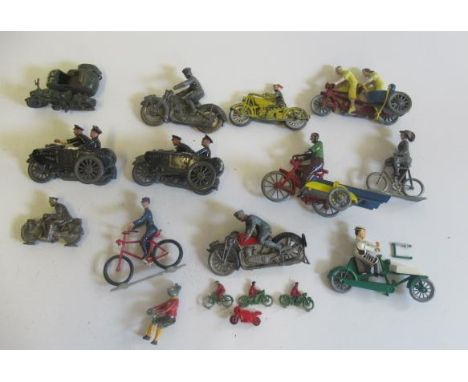 Britains, Morestone and others motorbike and bicycles including police bike and side car and a Morestone tandem, F-G