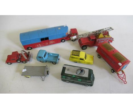Playworn Corgi Commercial vehicles including circus horse box, T.V. transmitter van and circus crane, F-P