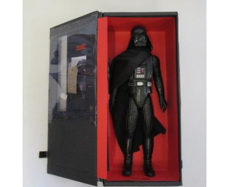 A Hong Kong large scale Darth Vader figure, with light sabre (replacement black cloth cloak) in home made display box, 15" hi