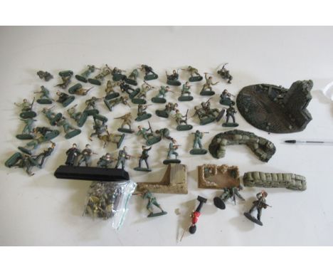 Late issue Britains WW2 soldiers, most American army, together with scenery pieces, G-E