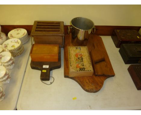Two wooden bread boards; a champagne bucket; a chess set etc.