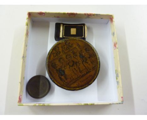 A Georgian coin patch box and two 19th Century snuff boxes