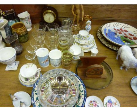 A quantity of glassware; a silver plated sugar scuttle; a barometer and a lay doll 