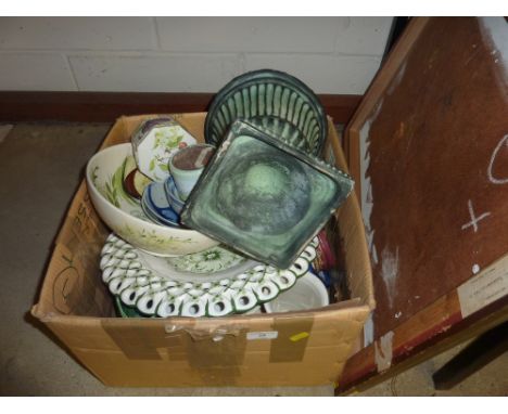 A box of various pottery and sundries and an oil on board portrait study 
