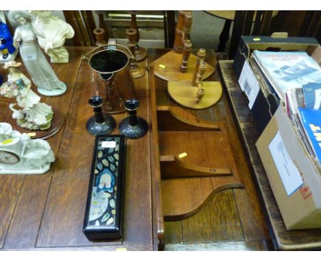 A quantity of metal and wooden ware to include candlesticks; a pine wall shelf; a copper jug etc.