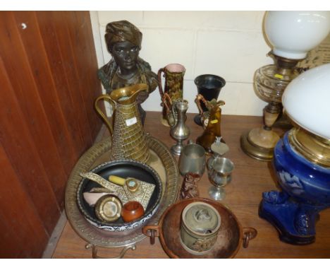 A plated two handled tray; a  brass jug; a plaster bust; a pair of pottery ewers; a brass chamber stick etc.