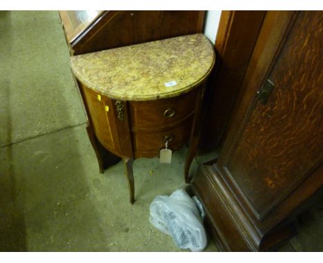 A French style satin wood inlaid demi-lune commode chest fitted two drawers